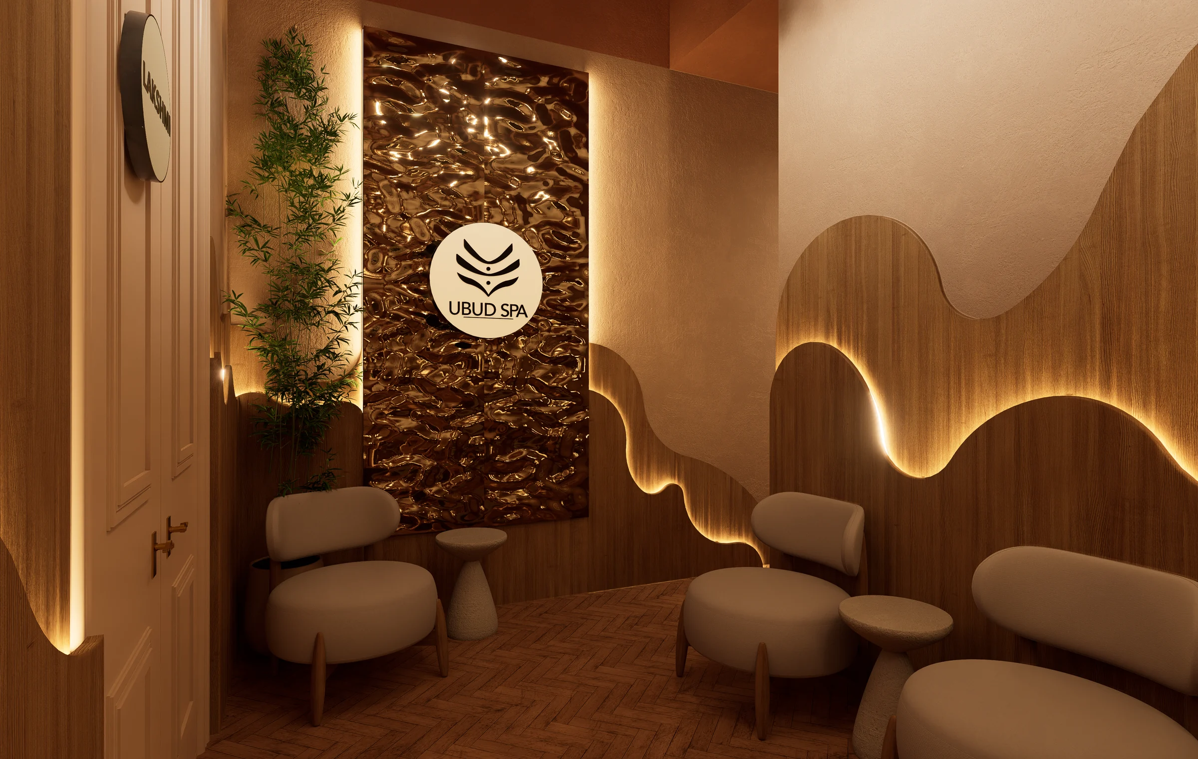 Recepția Ubud Spa — perete texturat auriu și lumină caldă